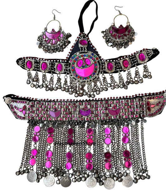 Afghan Kuchi multi color Necklace set with headdress and earrings