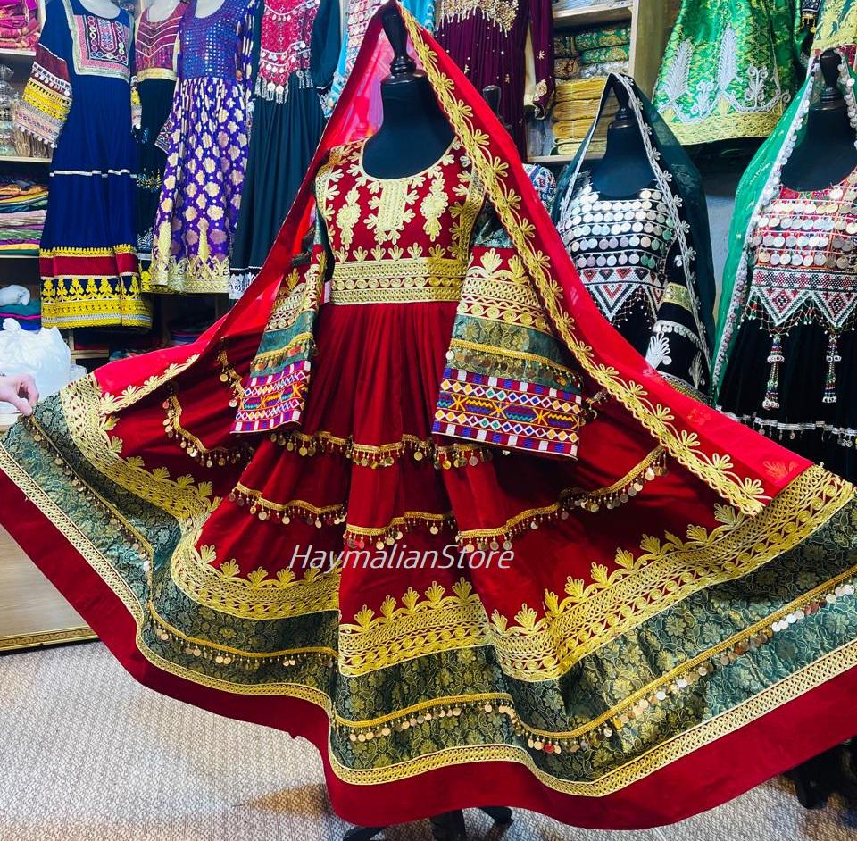 Afghan Kuchi Red Coin Dress: Traditional Charma Dozi Embroidery