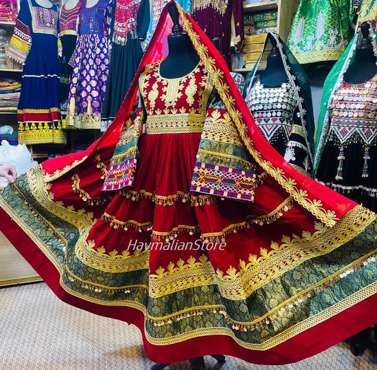 Afghan Kuchi Red Coin Dress: Traditional Charma Dozi Embroidery