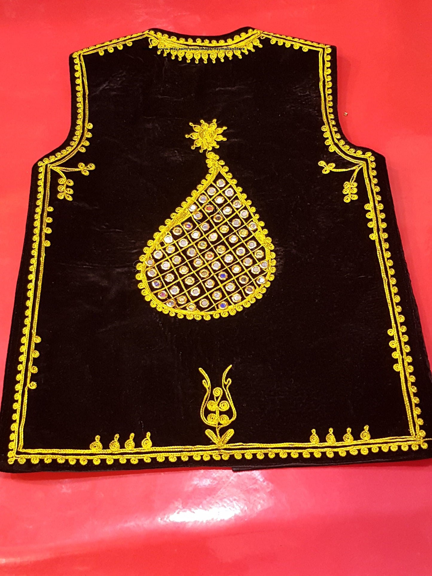 Afghan Traditional men's Black velvet vest with heavy gold braided embroidery