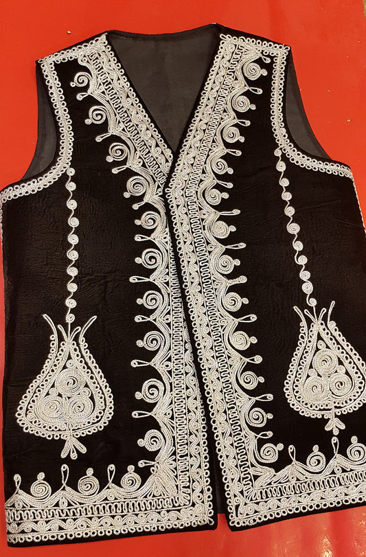 Afghan Traditional men's Black velvet vest with heavy Silver braided embroidery