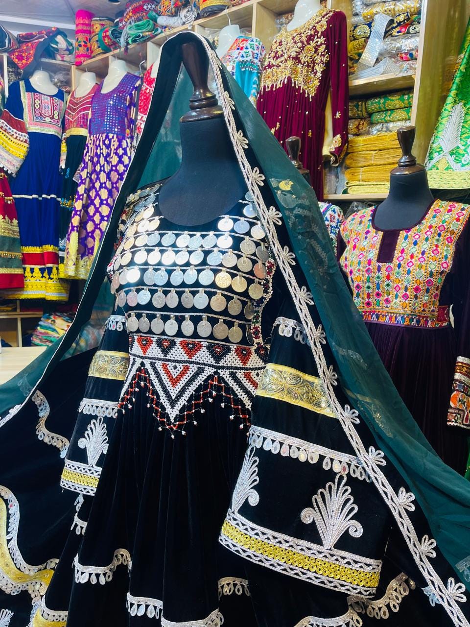 Afghan Kuchi Dress: Green Charma Dozi Embroidered Women's Dress