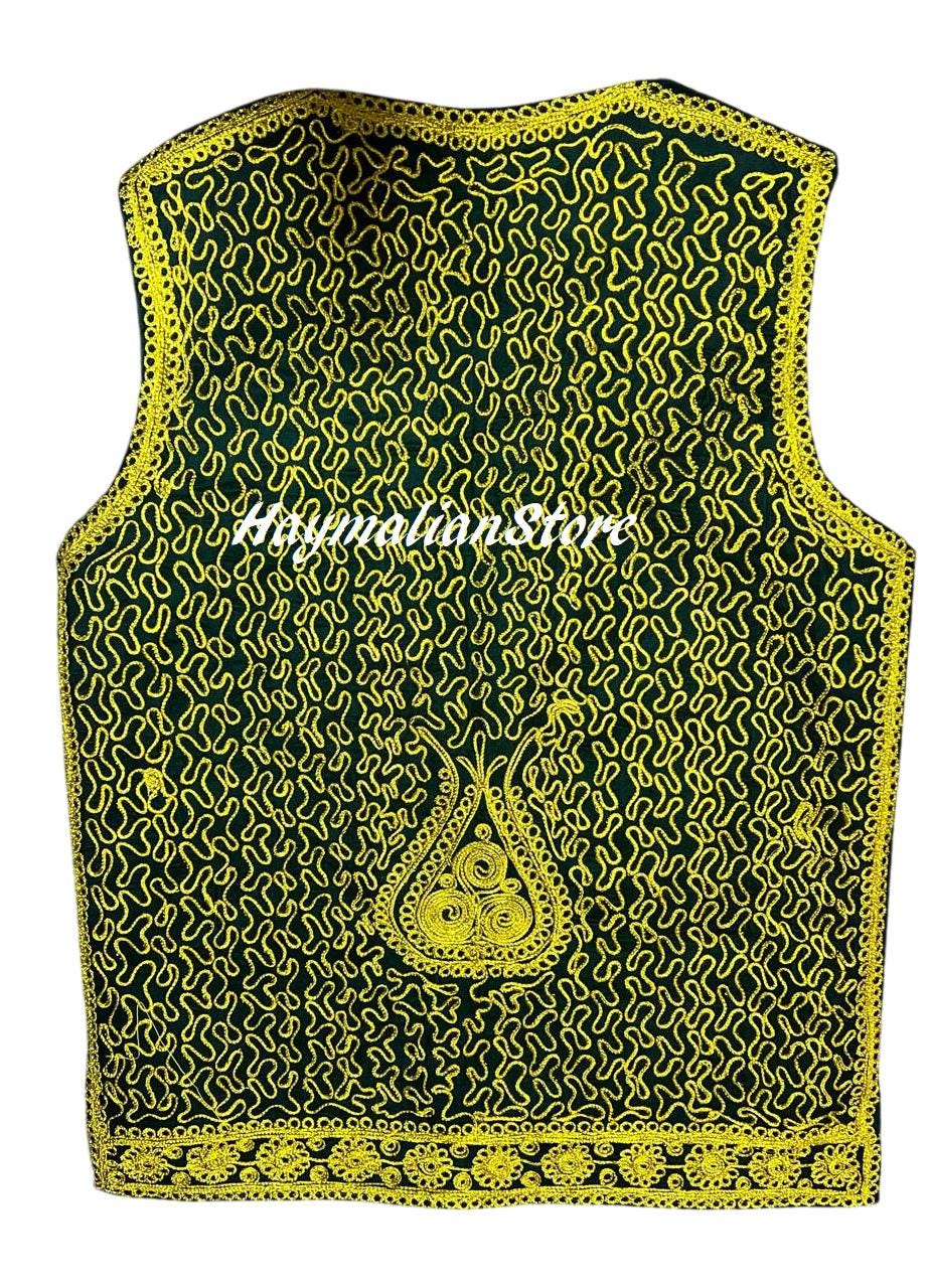 Embroidered Afghan Velvet Vest: Golden Pashtun Style