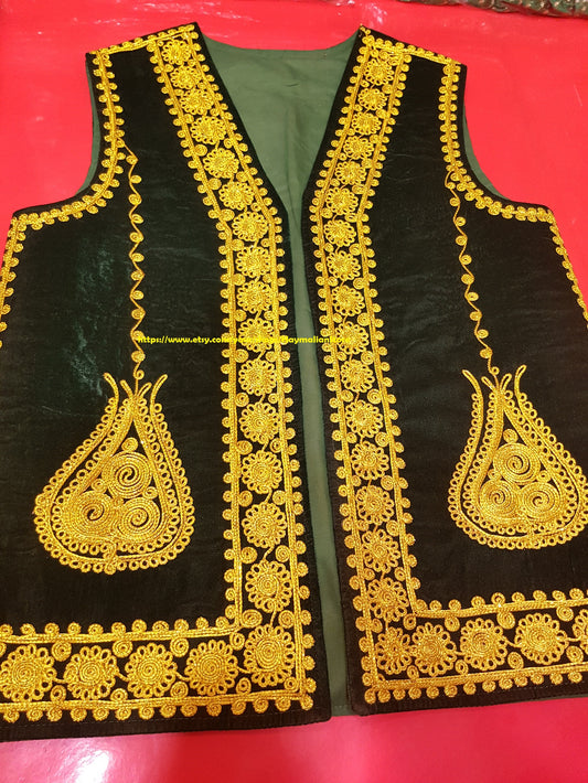 Afghan Traditional men's Green velvet vest with heavy gold braided embroidery