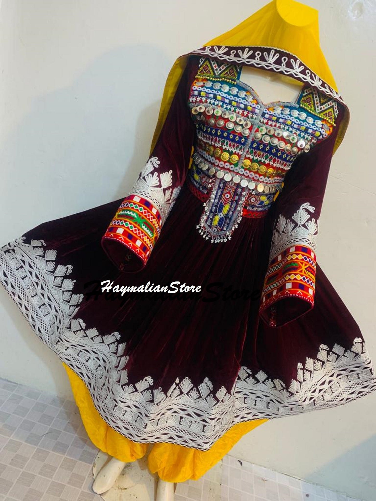 Handmade Kuchi Tribal Dress – Afghan Boho Coin Dress with Charma Dozi
