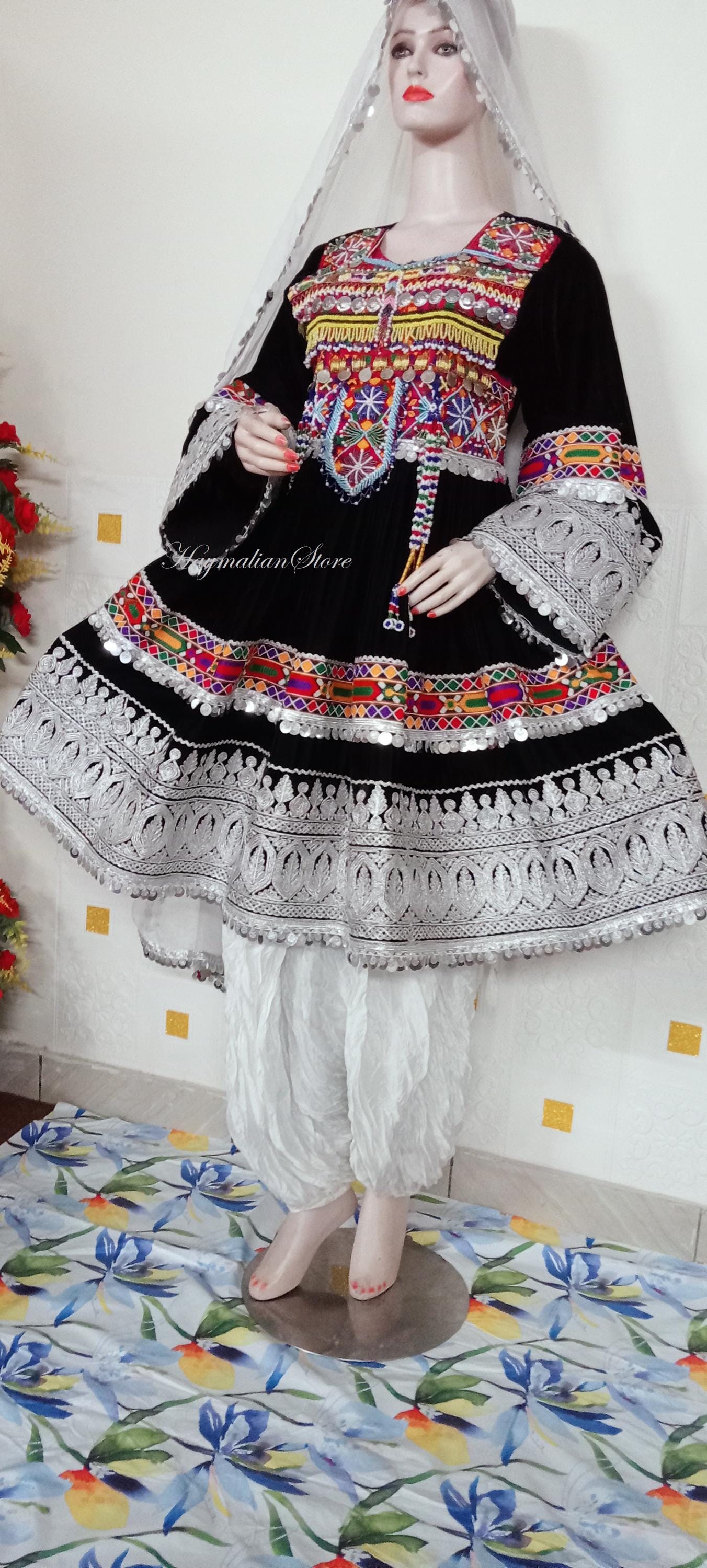 Embroidered Afghan Kuchi Dress: Black Velvet Charma Dozi Work, 3-Piece Set