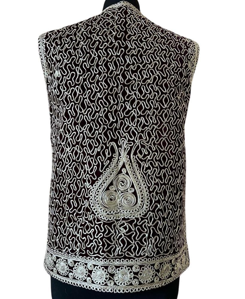 Afghan Traditional men's Mehroon velvet vest with heavy Gold braided embroidery