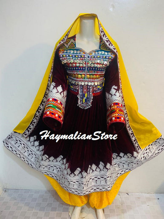 Handmade Kuchi Tribal Dress – Afghan Boho Coin Dress with Charma Dozi