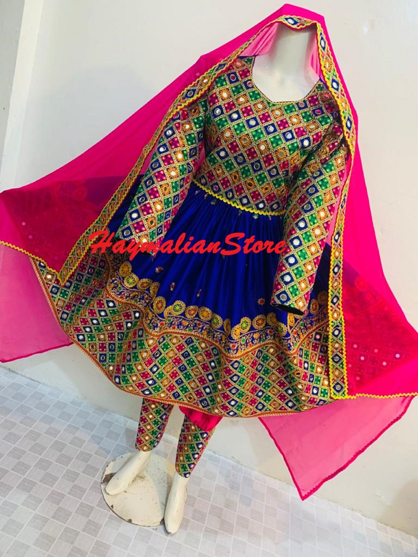 Afghan Kuchi tribe handmade Blue Mirror Trim embroidery kochi dress