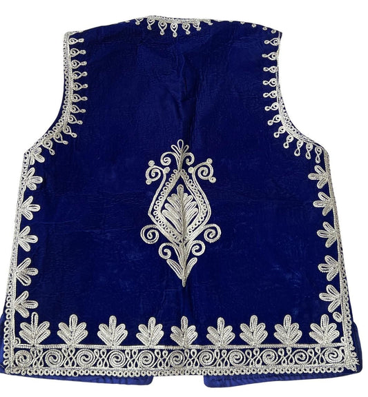 Afghan Men's Velvet Vest: Traditional Silver Braided Embroidery