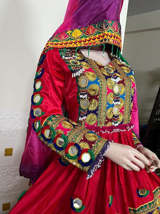 Afghan Kuchi Dress: Three-Piece Multi-Color Satin Tribal Gown