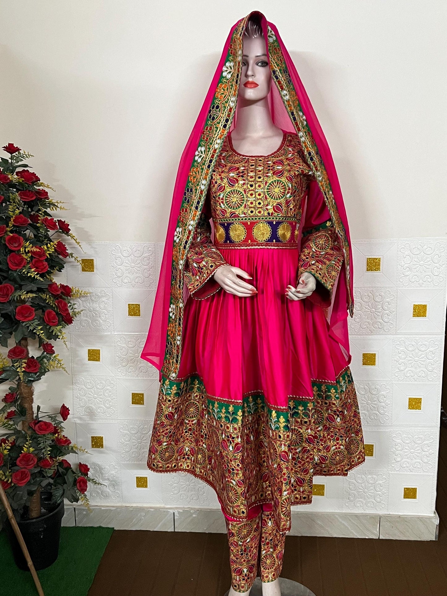 Handmade Afghan Kuchi Dress: Gray Jamawar Fabric, Tribal Boho 3-Piece