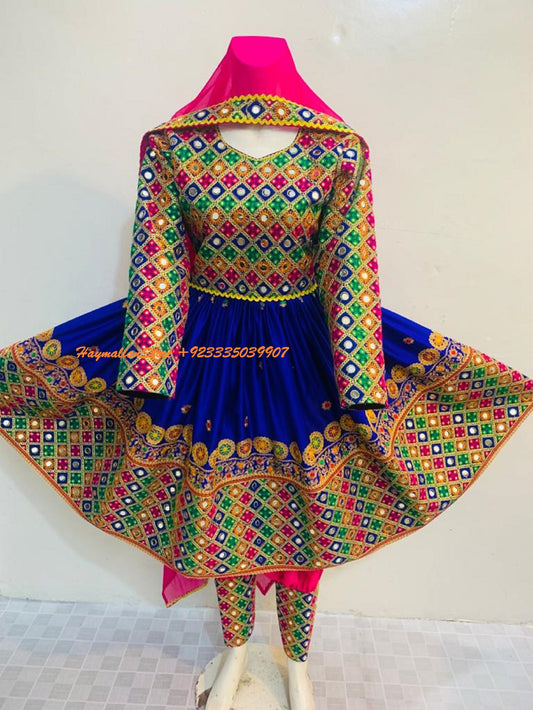 Afghan Kuchi tribe handmade Blue Mirror Trim embroidery kochi dress