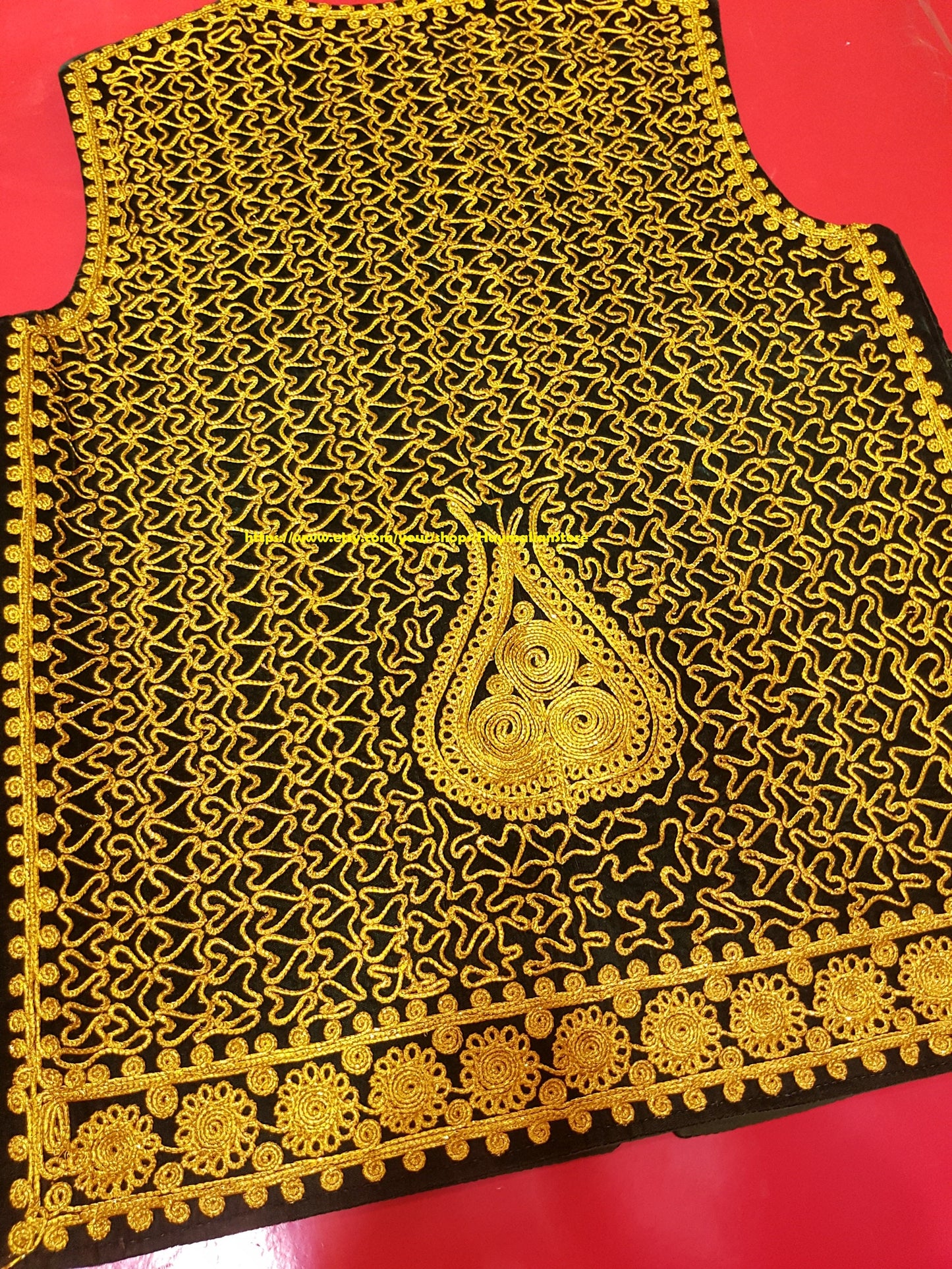Afghan Traditional men's Green velvet vest with heavy gold braided embroidery