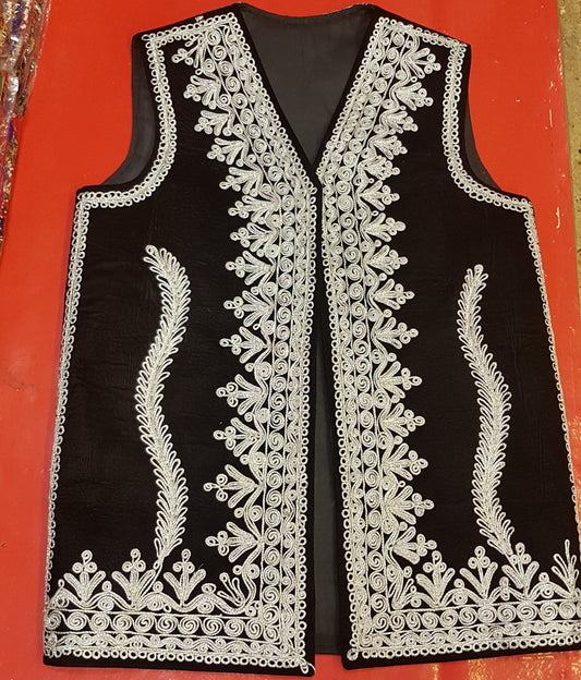 Afghan Traditional men's Black velvet vest with heavy Silver braided embroidery