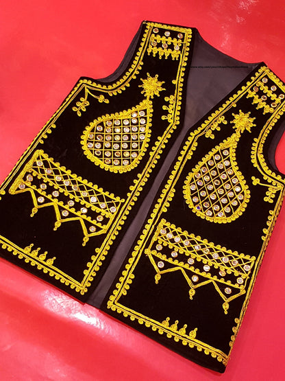 Afghan Traditional men's Black velvet vest with heavy gold braided embroidery