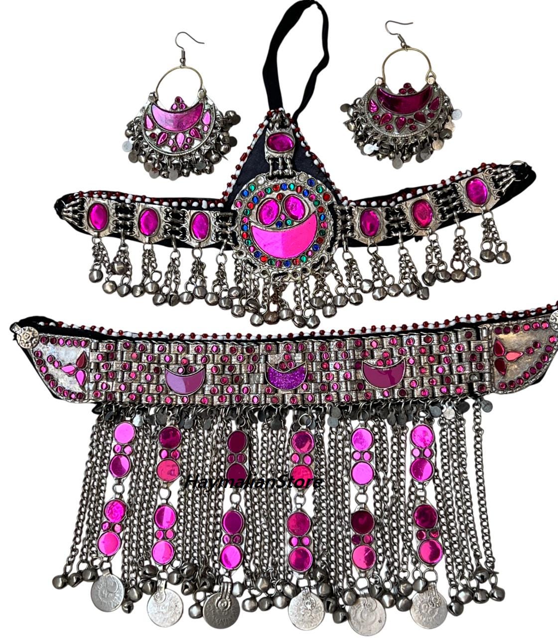 Afghan Kuchi multi color Necklace set with headdress and earrings