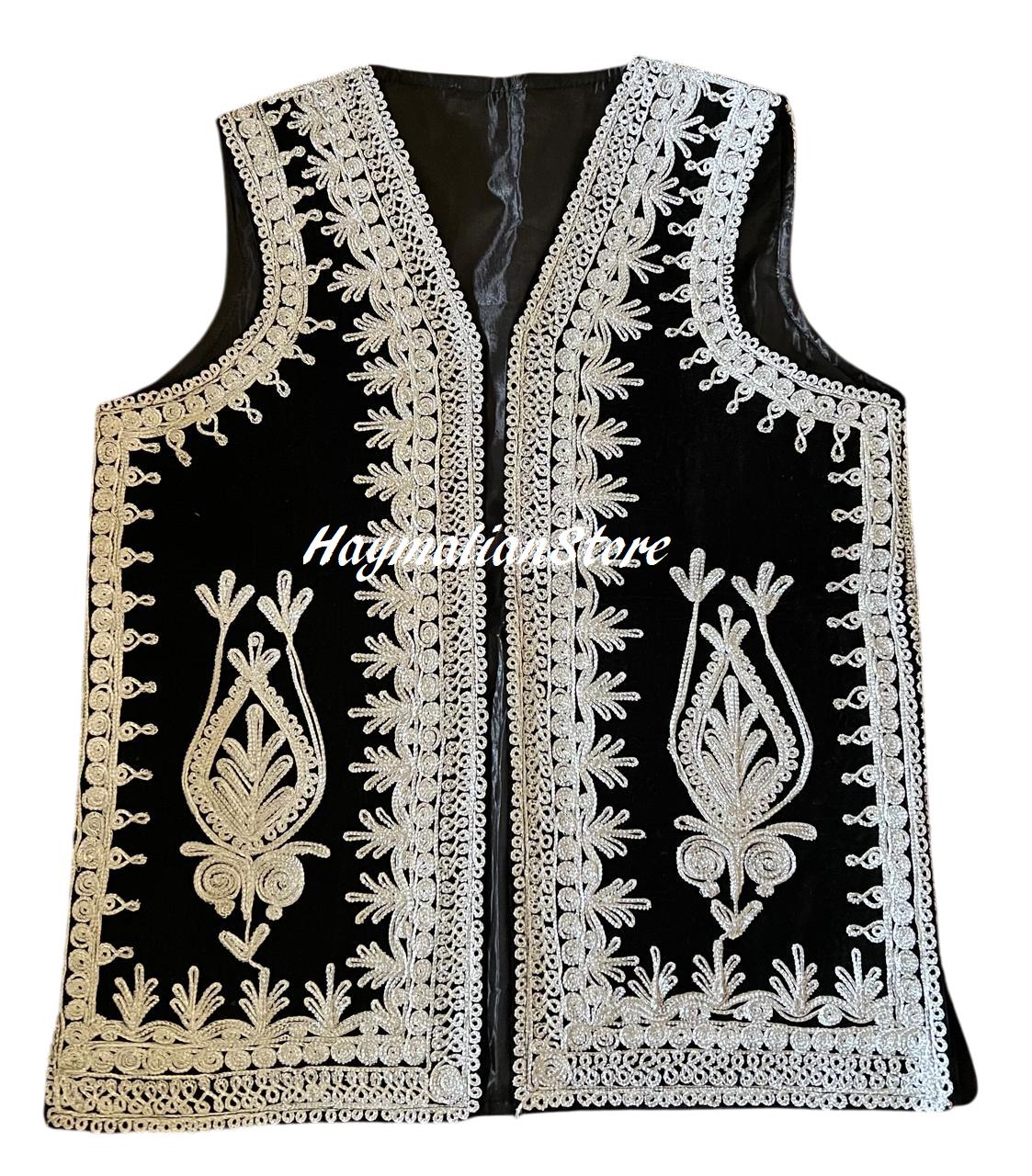 Afghan Traditional men's Black velvet vest with heavy Silver braided embroidery