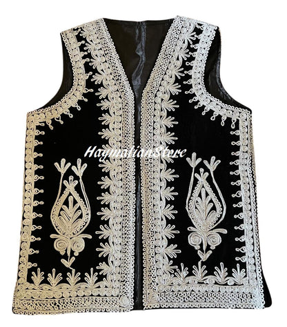 Afghan Traditional men's Black velvet vest with heavy Silver braided embroidery