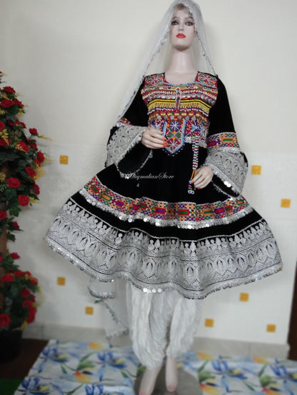 Embroidered Afghan Kuchi Dress: Black Velvet Charma Dozi Work, 3-Piece Set