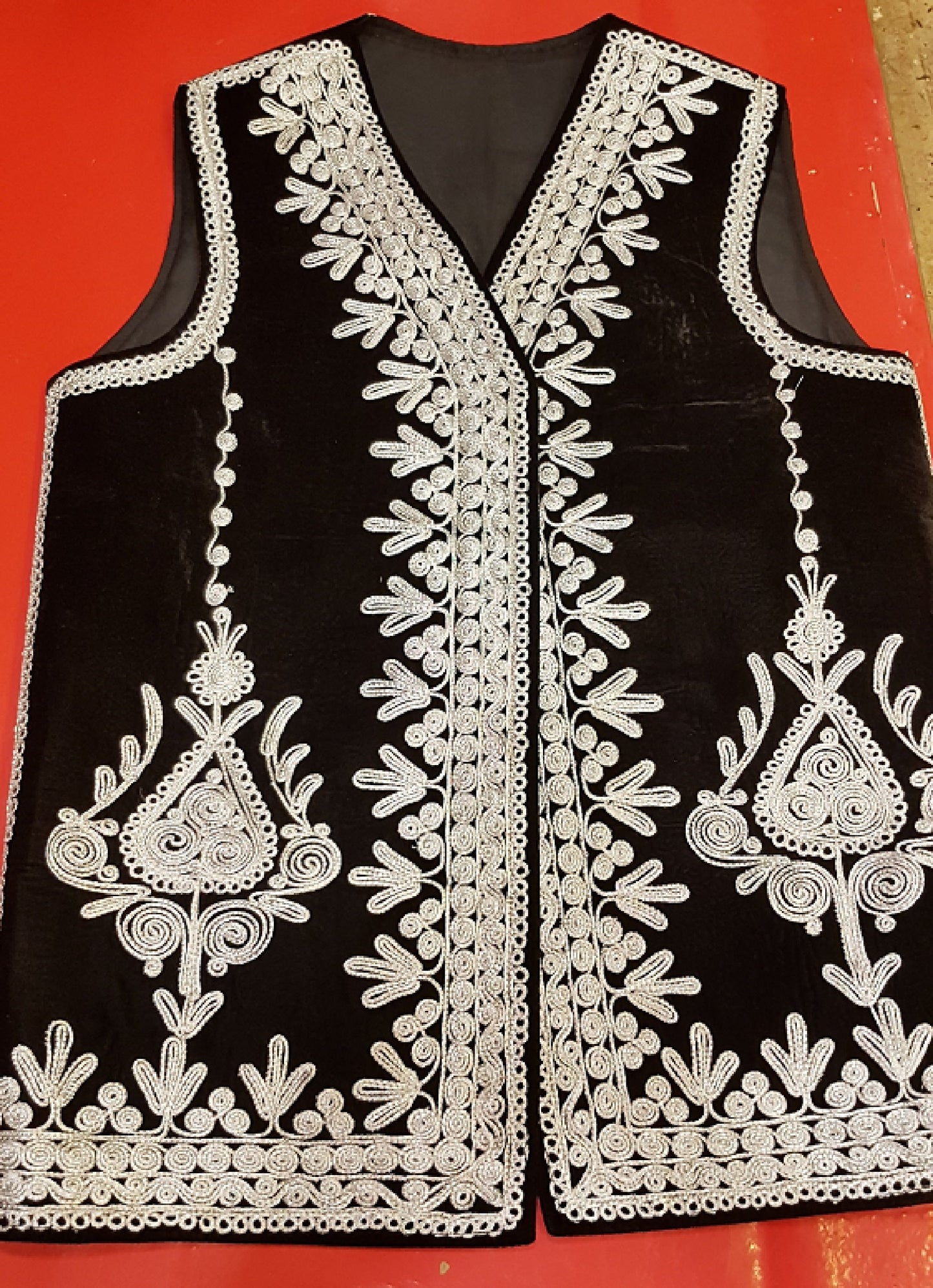 Afghan Traditional men's Black velvet vest with heavy Silver braided embroidery