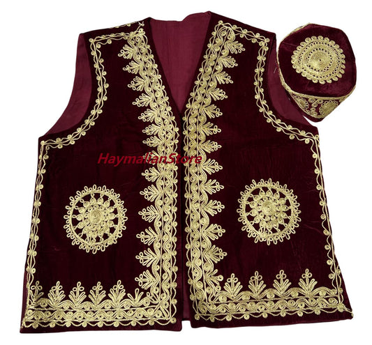 Afghan Burgundy Velvet Vest: Traditional Golden Embroidery, Beaded Mirrors