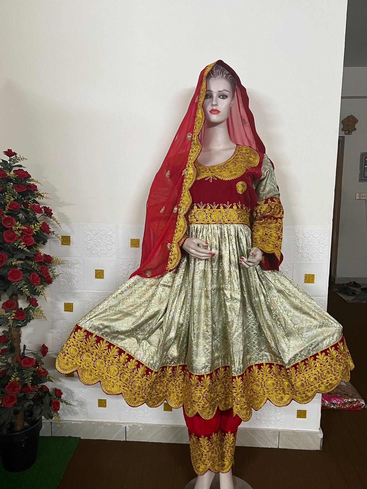 Handmade Afghan Kuchi Dress: Gray Jamawar Fabric, Tribal Boho 3-Piece