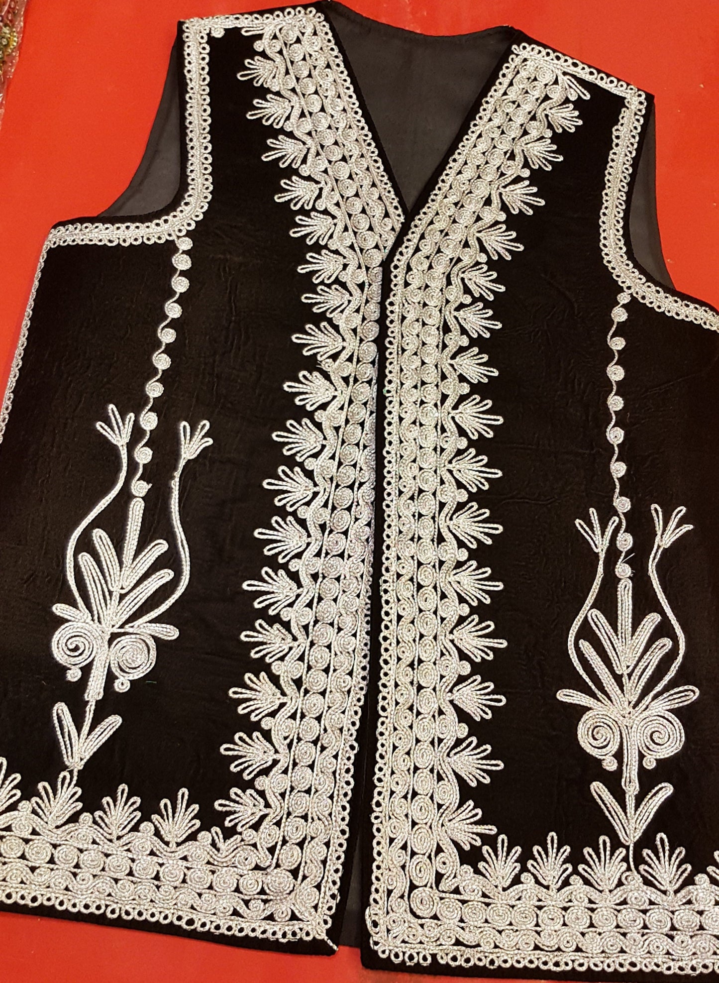 Afghan Traditional men's Black velvet vest with heavy Silver braided embroidery