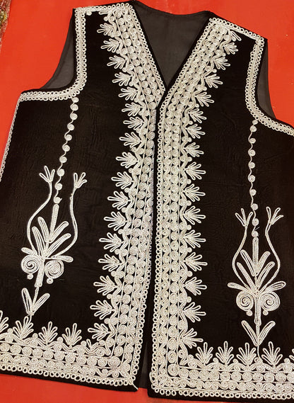 Afghan Traditional men's Black velvet vest with heavy Silver braided embroidery