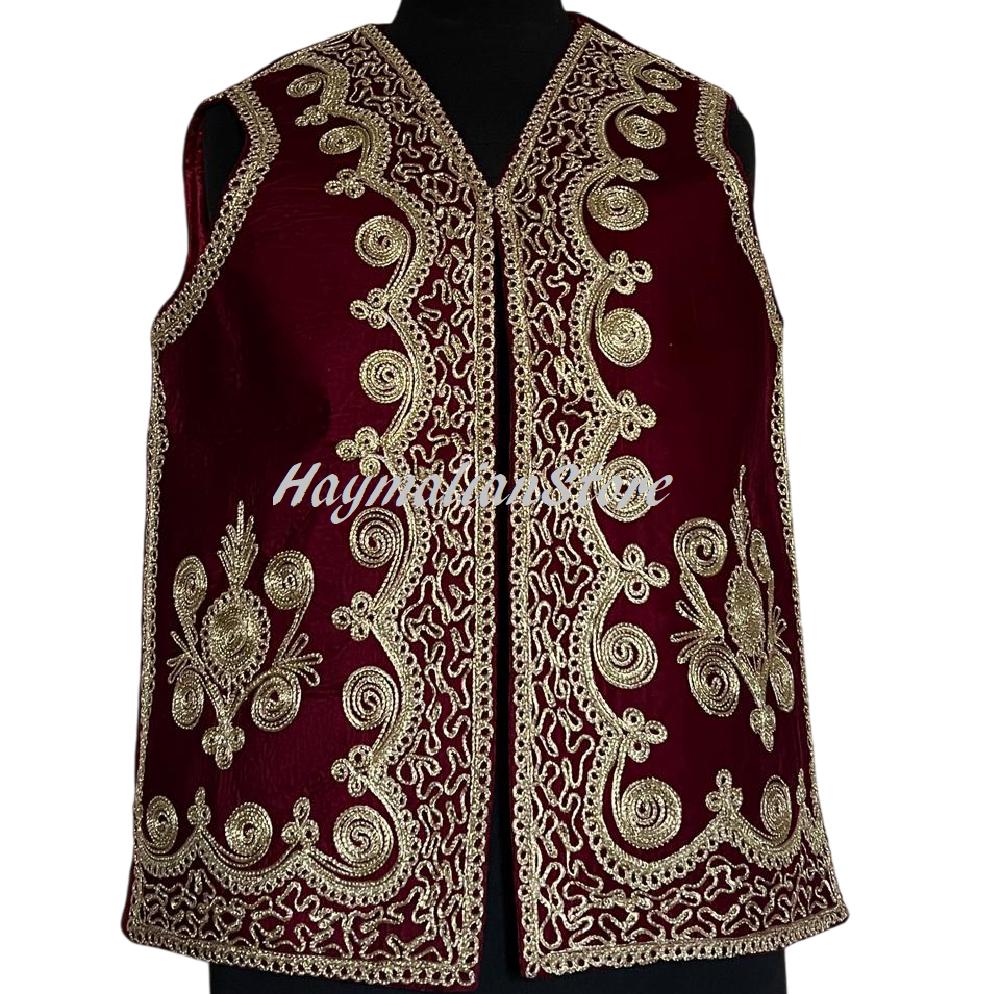 Afghan Burgundy Velvet Vest: Traditional Golden Embroidery, Beaded Mirrors