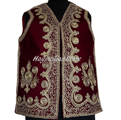 Afghan Burgundy Velvet Vest: Traditional Golden Embroidery, Beaded Mirrors