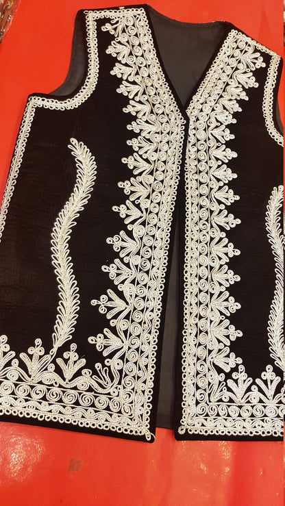 Afghan Traditional men's Black velvet vest with heavy Silver braided embroidery