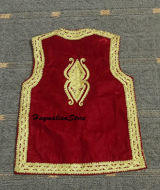 Afghan Traditional men's Red velvet vest with heavy Golden braided embroidery