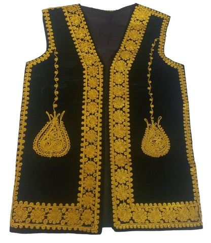 Afghan Traditional men's Black velvet vest with heavy Gold braided embroidery