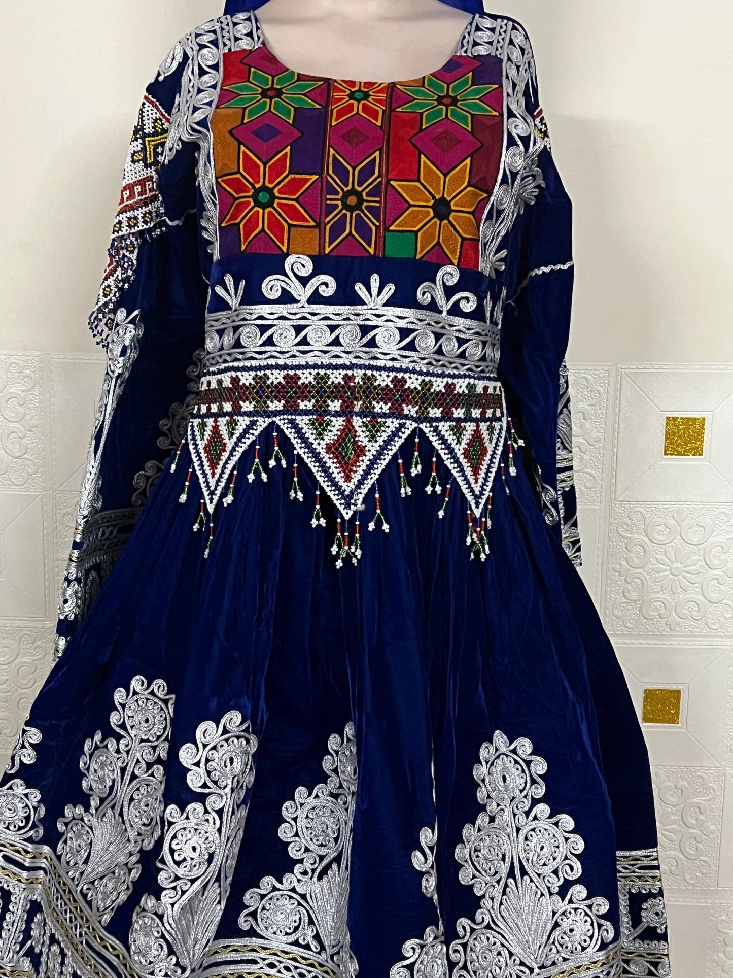 Handmade Afghan Kuchi Dress: Gray Jamawar Fabric, Tribal Boho 3-Piece