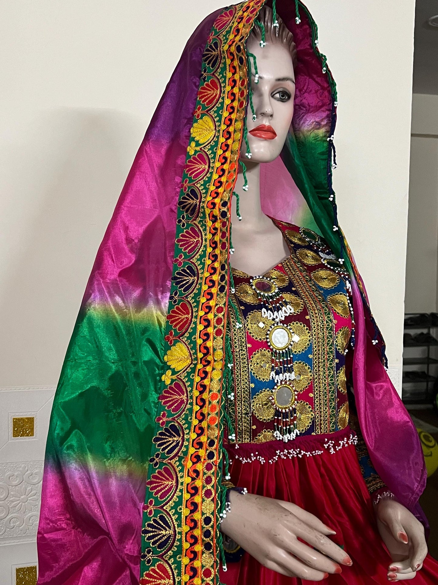 Afghan Kuchi Dress: Three-Piece Multi-Color Satin Tribal Gown