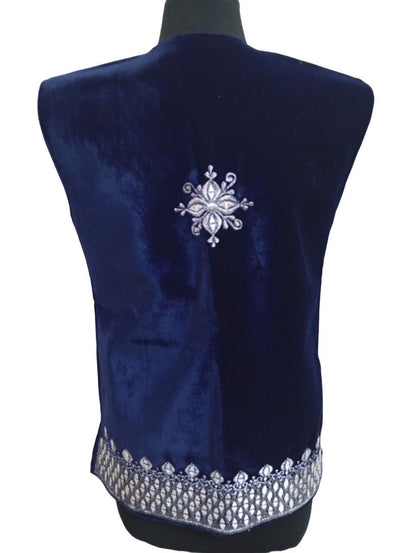 Afghan Velvet Vest: Silver Embroidered Sleeveless Vest