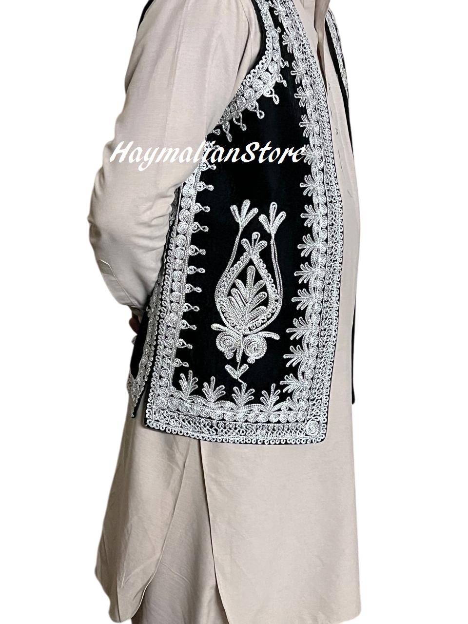 Afghan Traditional men's Black velvet vest with heavy Silver braided embroidery
