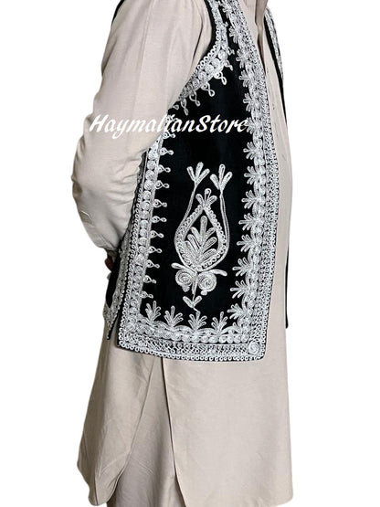 Afghan Traditional men's Black velvet vest with heavy Silver braided embroidery