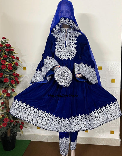 Handmade Afghan Kuchi Dress: Gray Jamawar Fabric, Tribal Boho 3-Piece