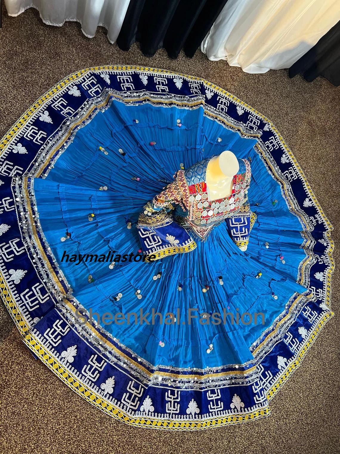 Afghan Kuchi Coin Dress: Blue Charma Dozi Embroidered 3-Piece Set