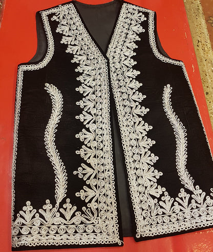 Afghan Traditional men's Black velvet vest with heavy Silver braided embroidery