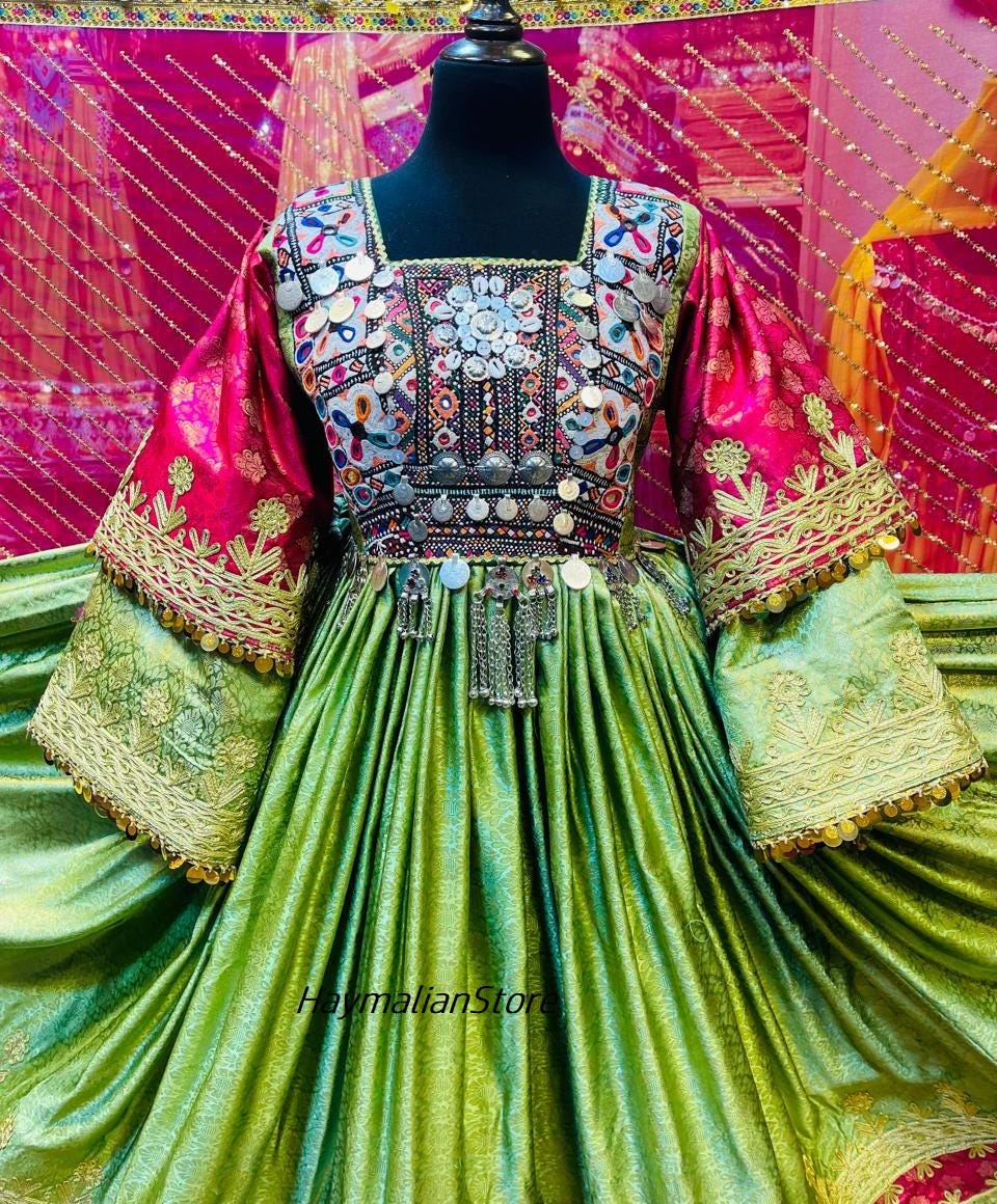 Afghan Kuchi Green Dress: Embroidered Coin Dress with Charma Dozi Work