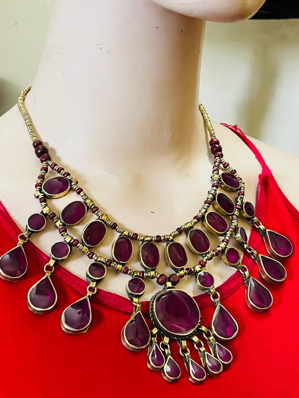 Red Coral Afghan Turkmen Tribal Ethnic Kuchi Necklace Circle 3 Layers