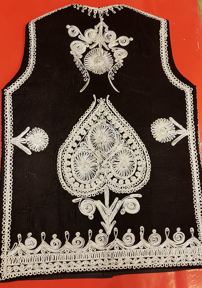 Afghan Traditional men's Black velvet vest with heavy Silver braided embroidery