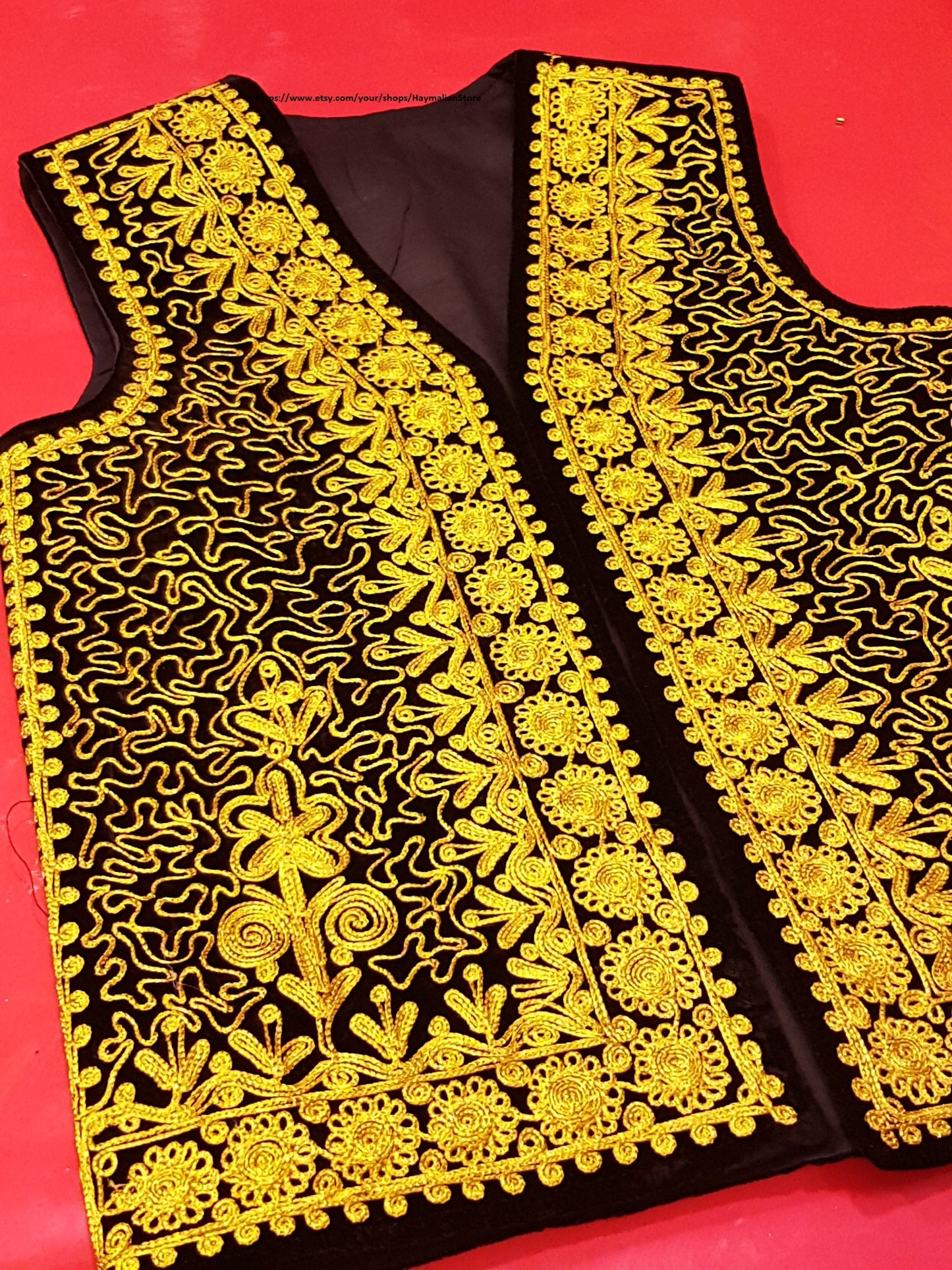 Afghan Traditional men's Black velvet vest with heavy gold braided embroidery