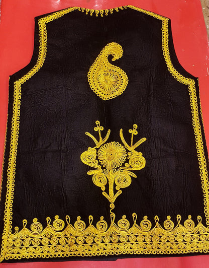 Afghan Traditional men's Black velvet vest with heavy Golden braided embroidery