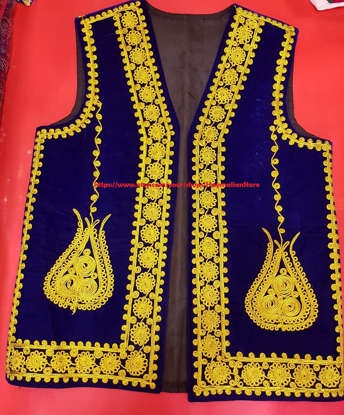 Afghan Traditional men's Blue velvet vest with heavy Silver braided embroidery