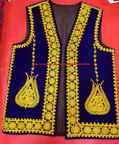Afghan Traditional men's Blue velvet vest with heavy Silver braided embroidery