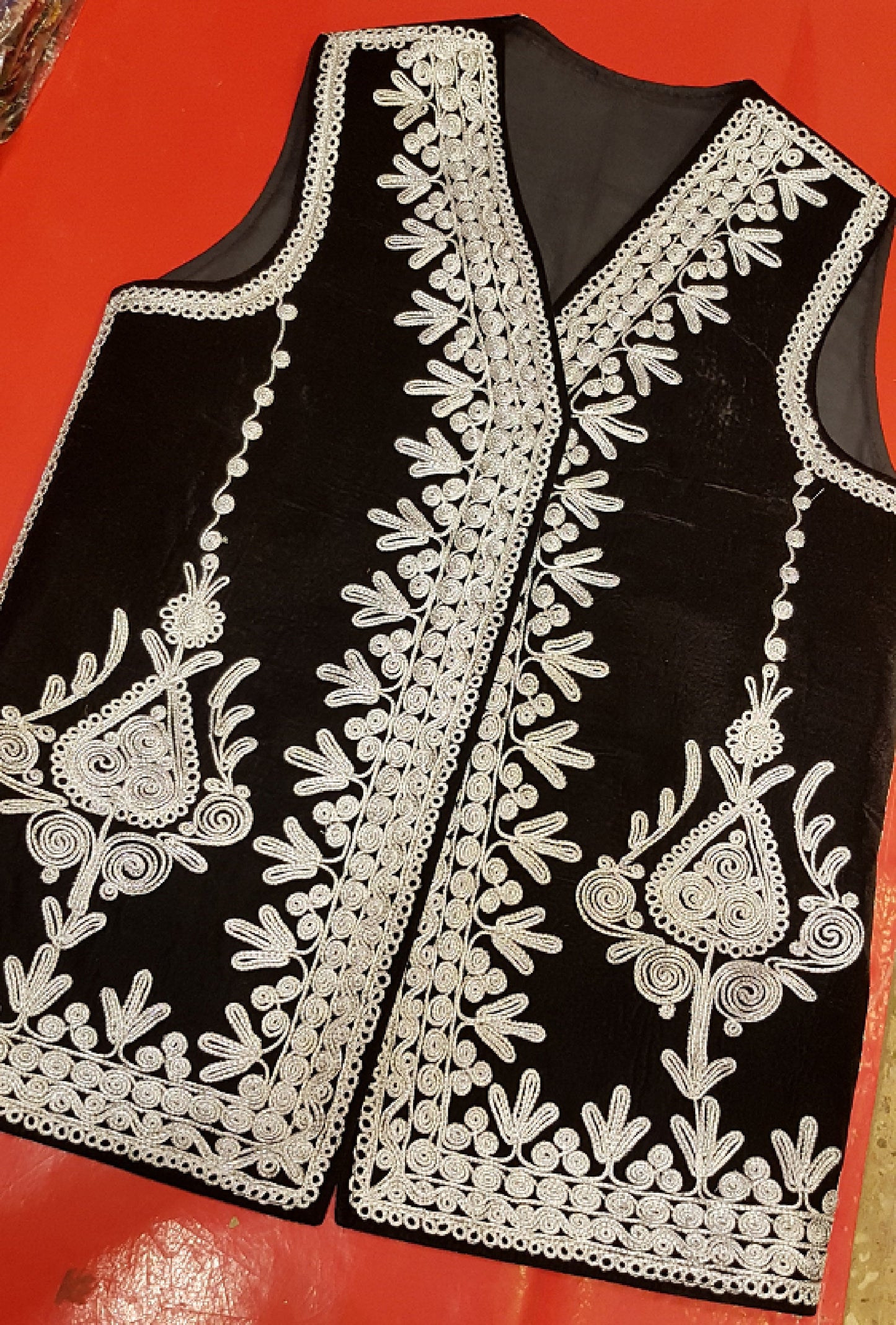 Afghan Traditional men's Black velvet vest with heavy Silver braided embroidery